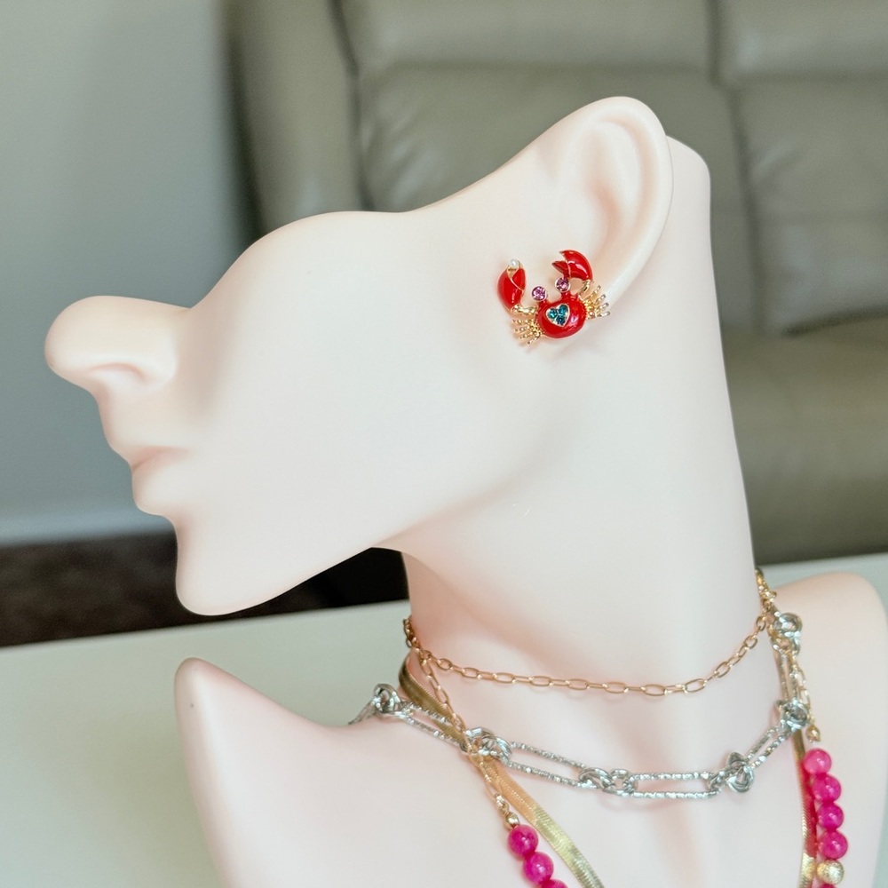 Gold-Tone Red Crab Stud Earrings with Teal Accent